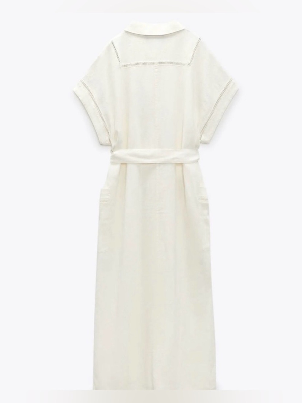 ZARA Linen Blend Lace Insert Belted Button Down Cream Midi Dress Size S - Picture 4 of 10